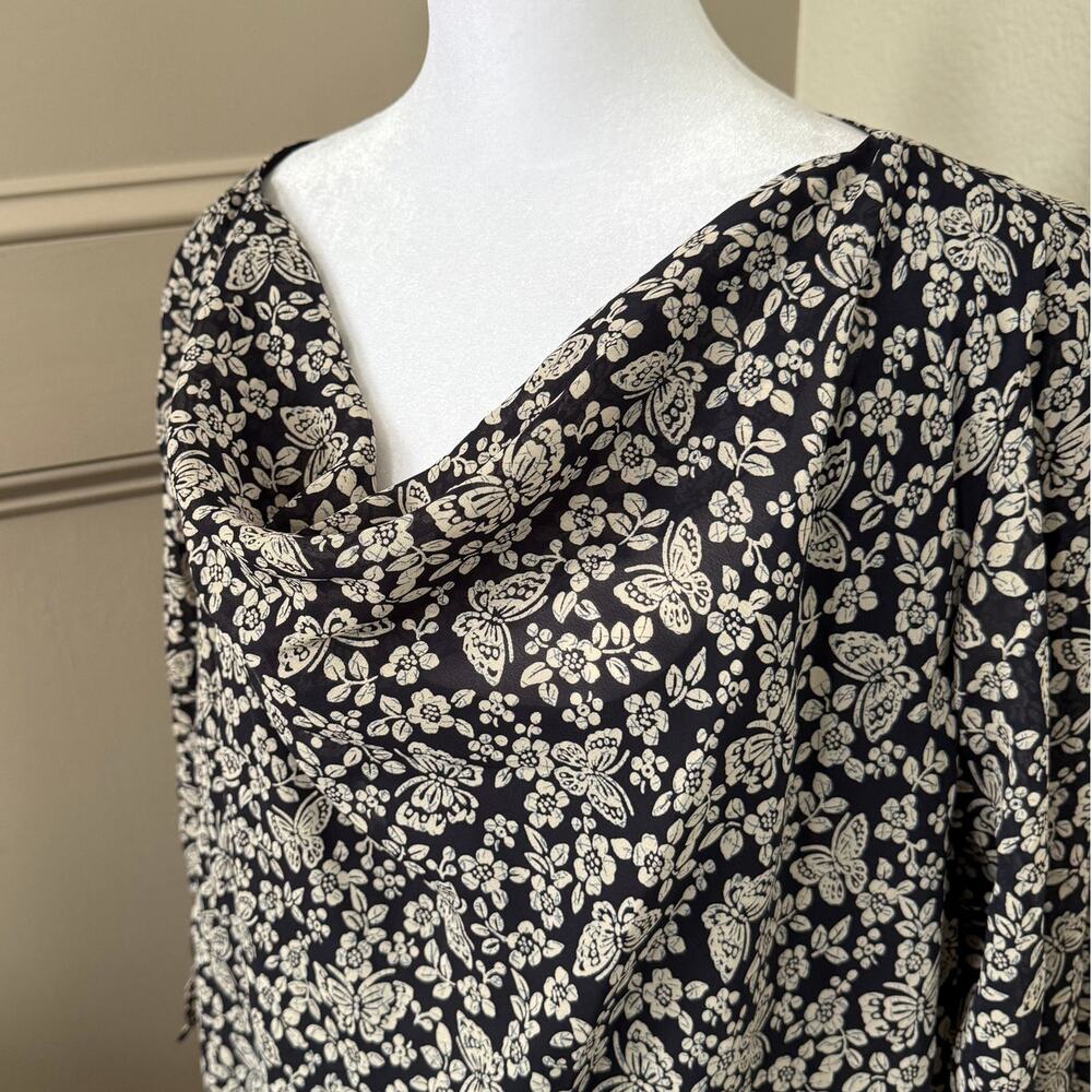 Leslie Fay Vintage Deadstock 20W Navy White Floral Butterfly Tie Crepe Tunic